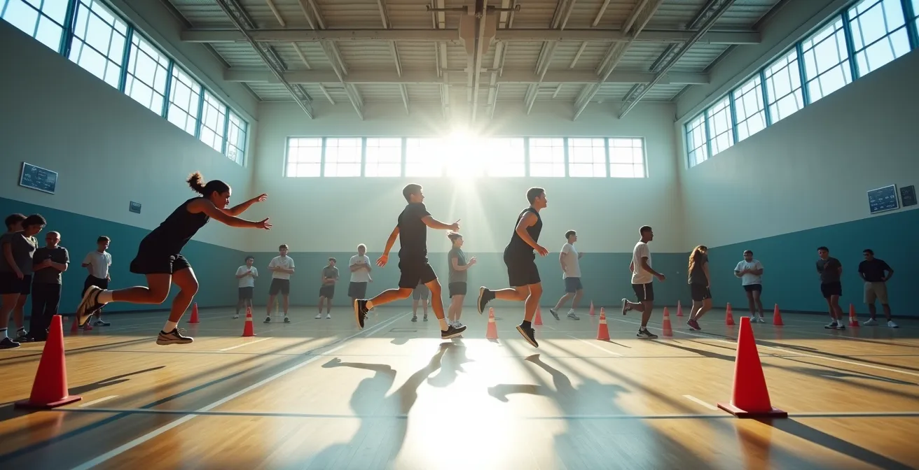 Élèves analysant des données de performance sportive sur des tablettes dans un gymnase équipé de capteurs