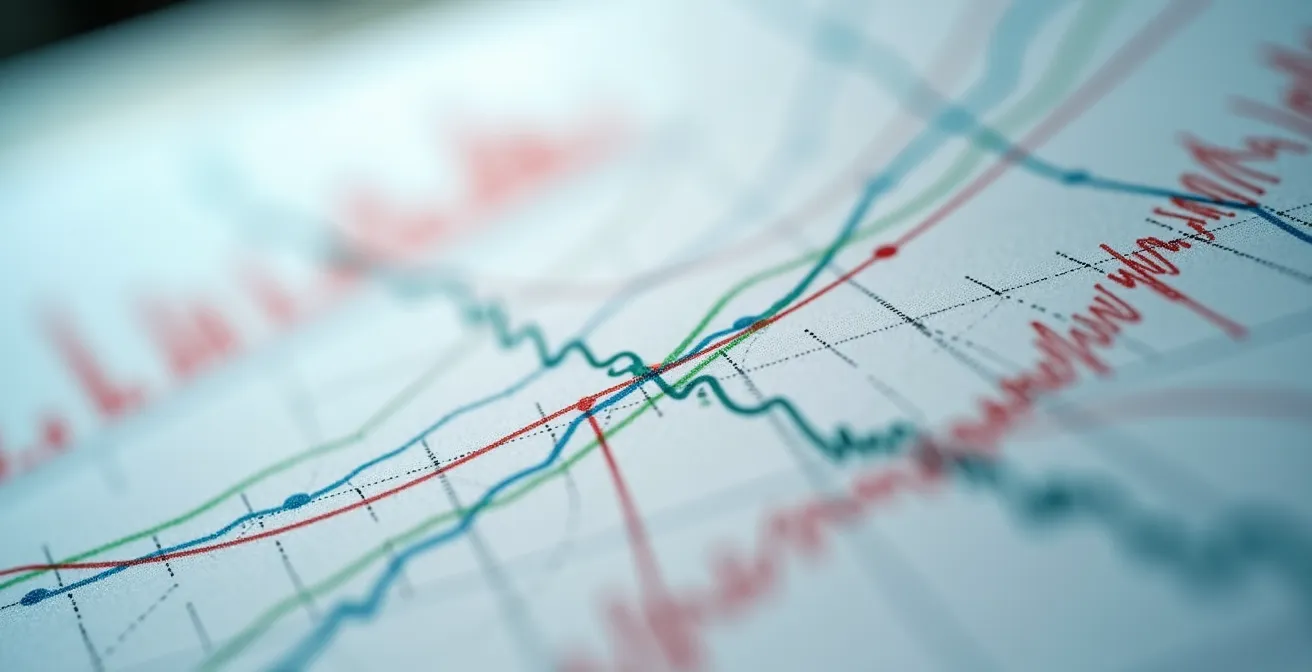 Vue macro de graphiques statistiques colorés avec courbes et distributions