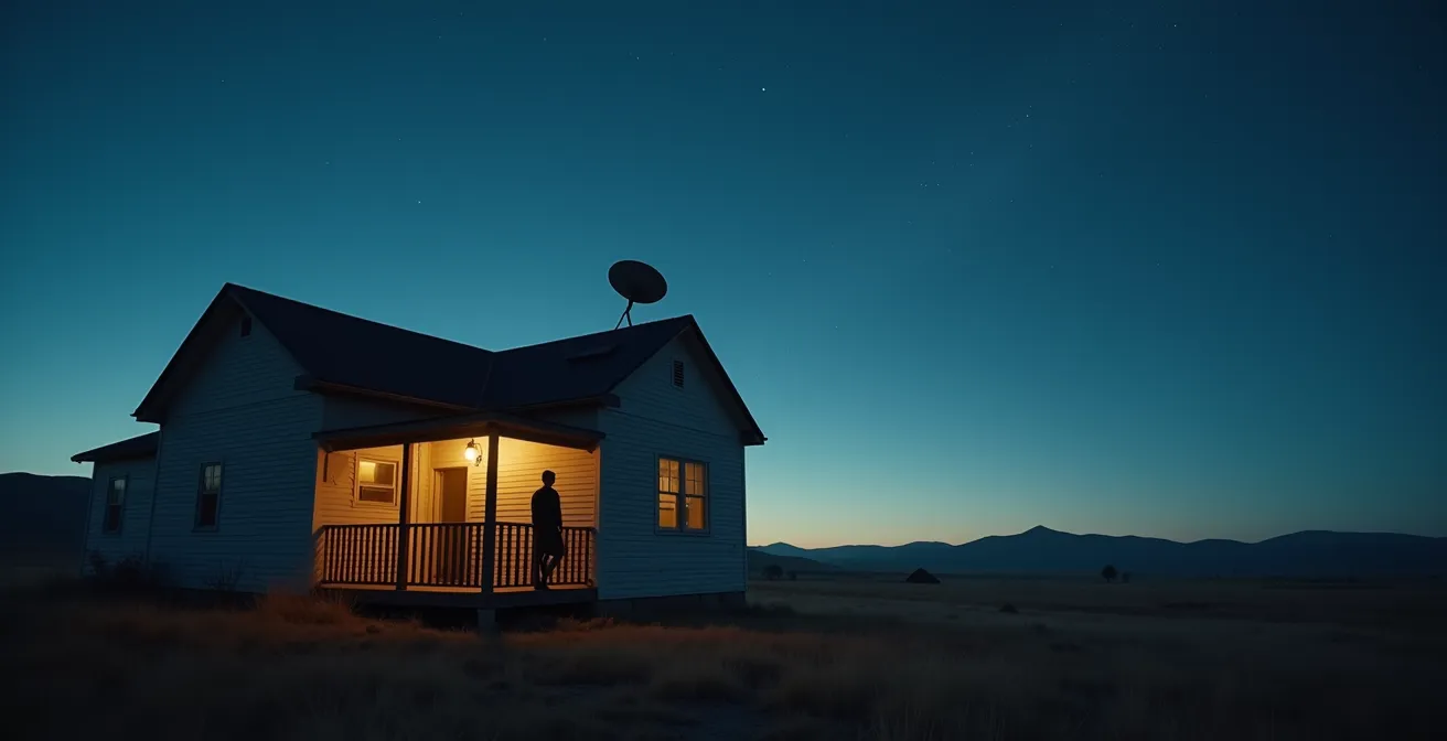 Maison isolée en campagne avec antenne satellite pointée vers le ciel étoilé