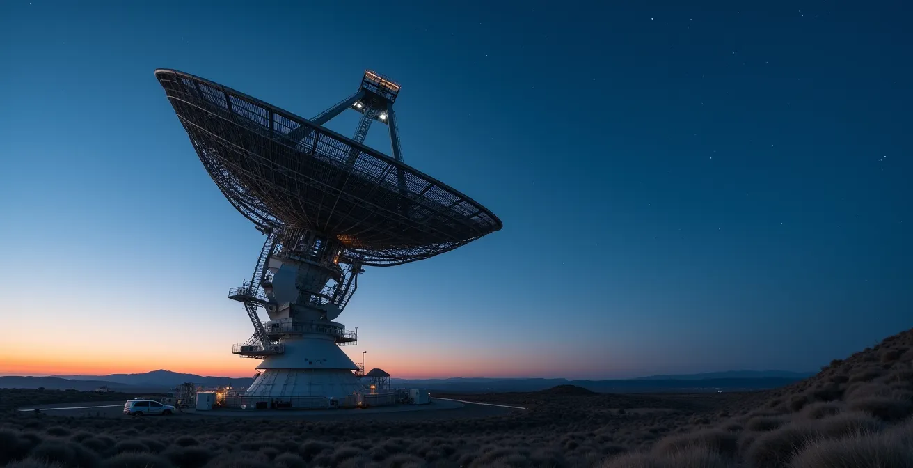Vue en contre-plongée d'une gigantesque antenne parabolique au crépuscule avec ciel étoilé