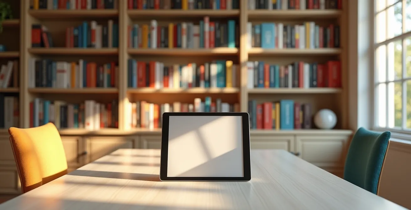 Contraste visuel entre une bibliothèque physique pérenne et un accès numérique temporaire