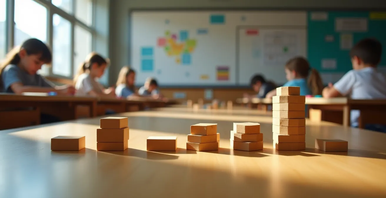 Salle de classe avec différents espaces de travail où des élèves progressent à leur rythme