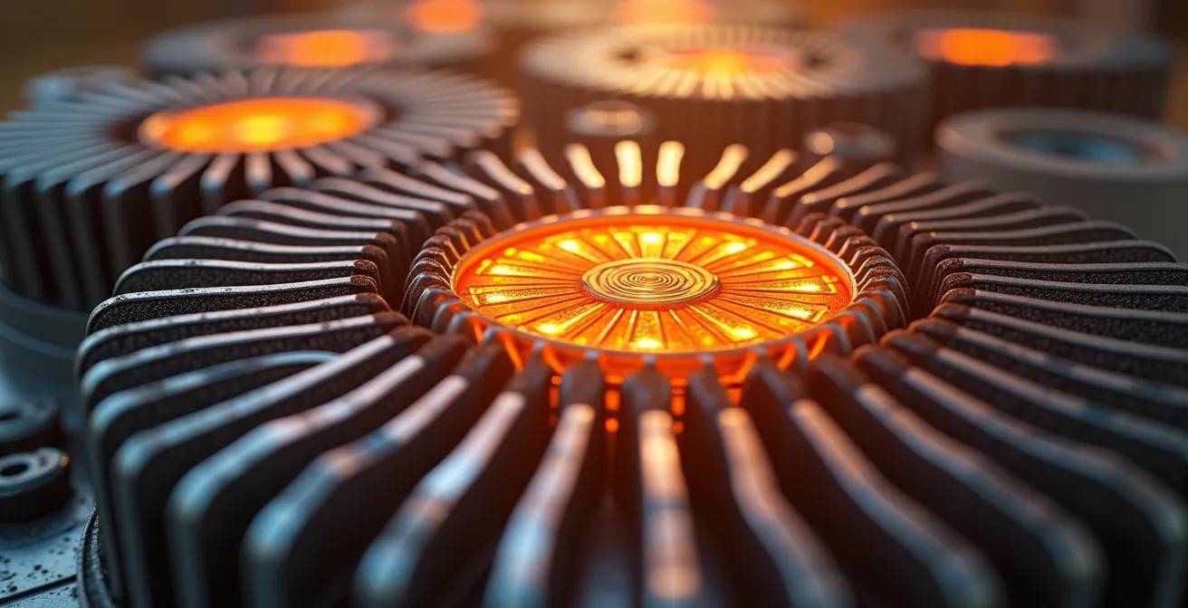 Vue macro détaillée d'un générateur thermoélectrique à radioisotope avec ses ailettes de refroidissement