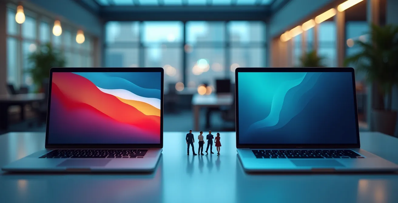 Comparaison visuelle entre une interface ludique colorée et une interface professionnelle épurée sur écrans d'ordinateurs