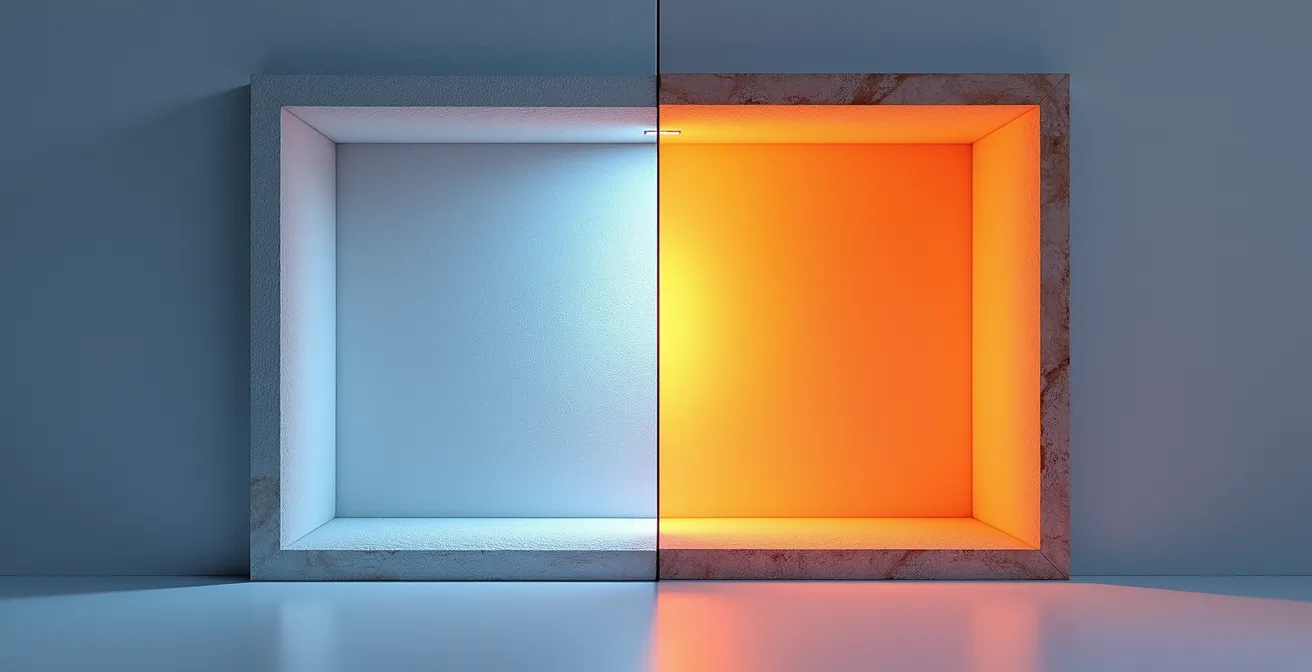 Comparaison visuelle entre isolation thermique par l'extérieur et par l'intérieur montrant l'inertie des murs