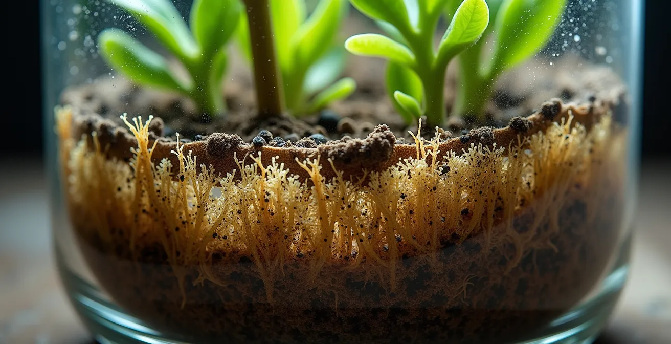 Vue macro de racines de plantes hyperaccumulatrices montrant l'absorption des métaux lourds