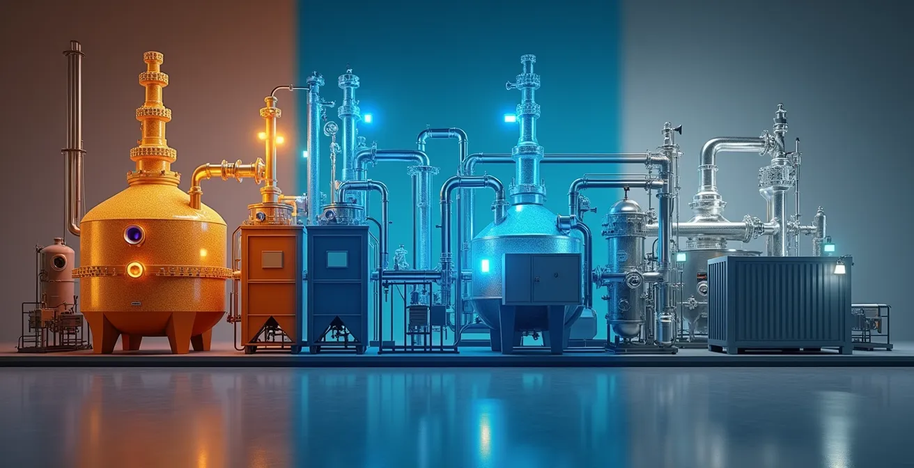 Vue comparative de trois types de réacteurs chimiques montrant les différences d'échelle et de configuration