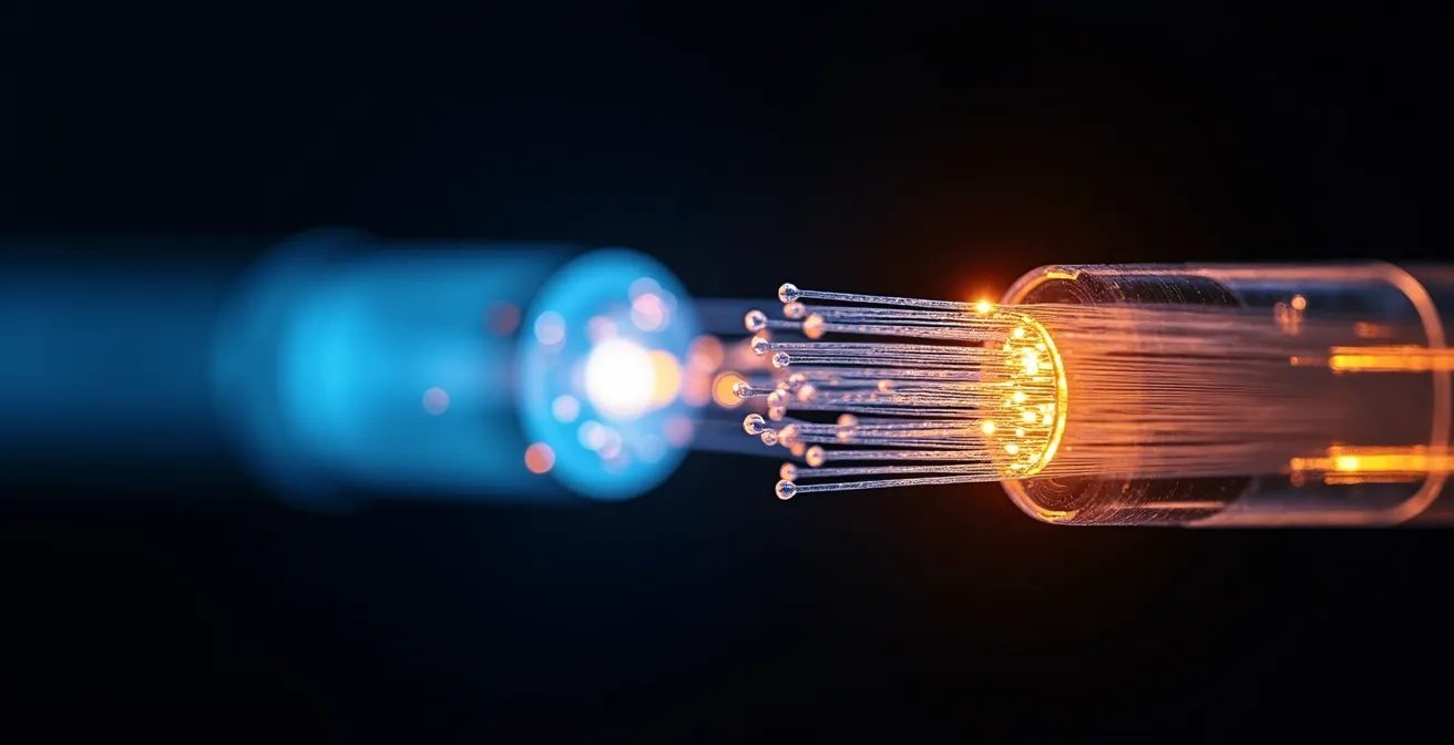 Illustration macro montrant des fibres optiques avec effet lumineux