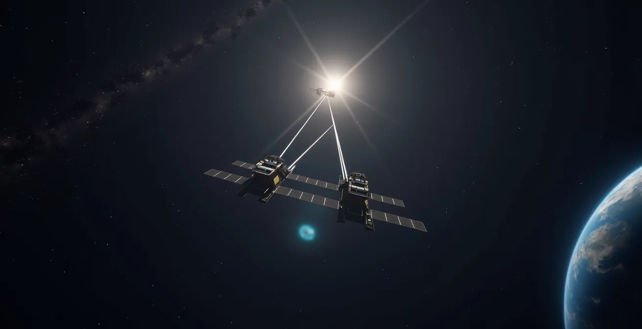 Vue conceptuelle du triangle formé par les trois satellites de la mission LISA dans l'espace