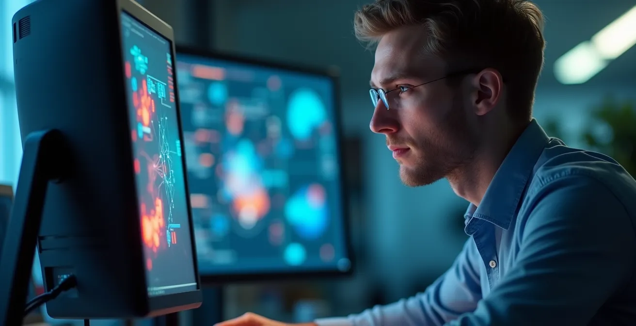 Développeur travaillant sur des algorithmes quantiques avec visualisation de circuits