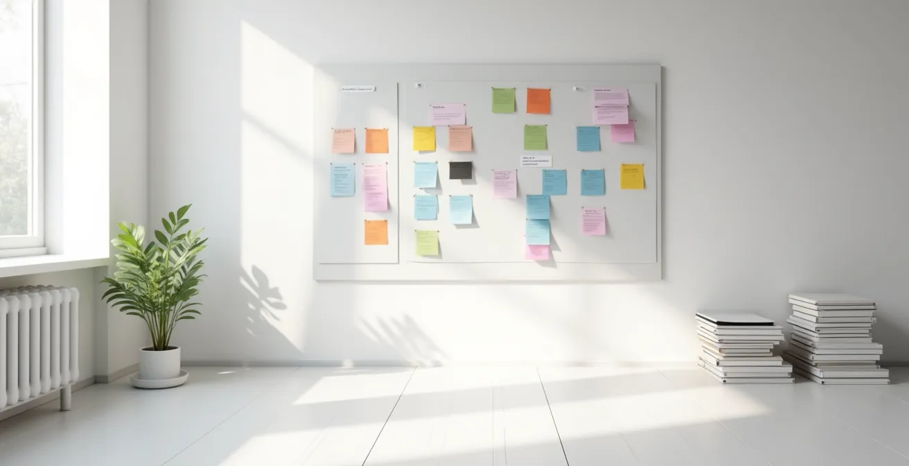 Bureau de recherche avec tableaux de planification et documents organisés méthodiquement