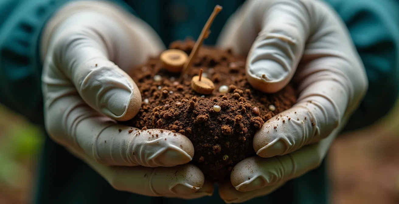 Gros plan sur les mains d'un écologue manipulant délicatement un échantillon de sol avec des outils scientifiques
