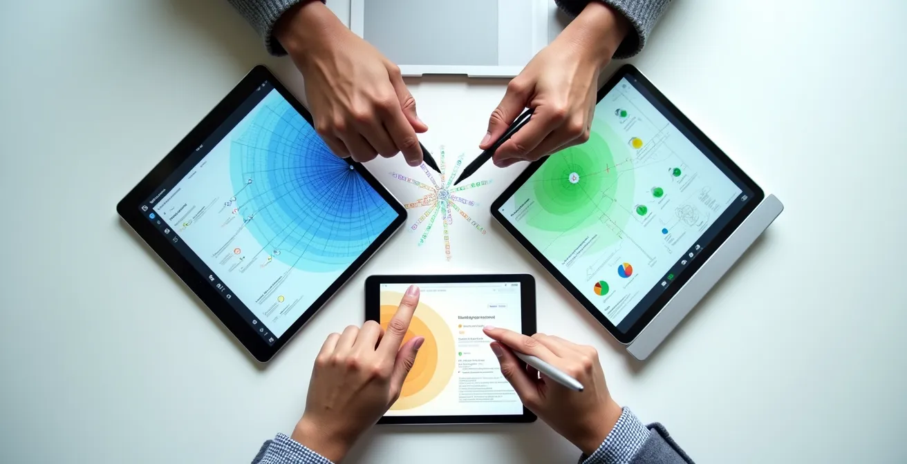 Bureau avec plusieurs écrans montrant des interfaces abstraites de veille, environnement minimaliste