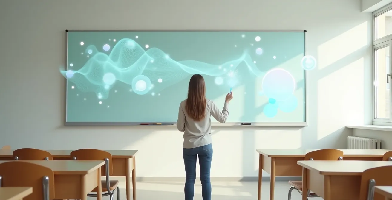 Professeur debout devant un tableau transparent holographique avec des motifs géométriques suggérant l'assistance de l'IA