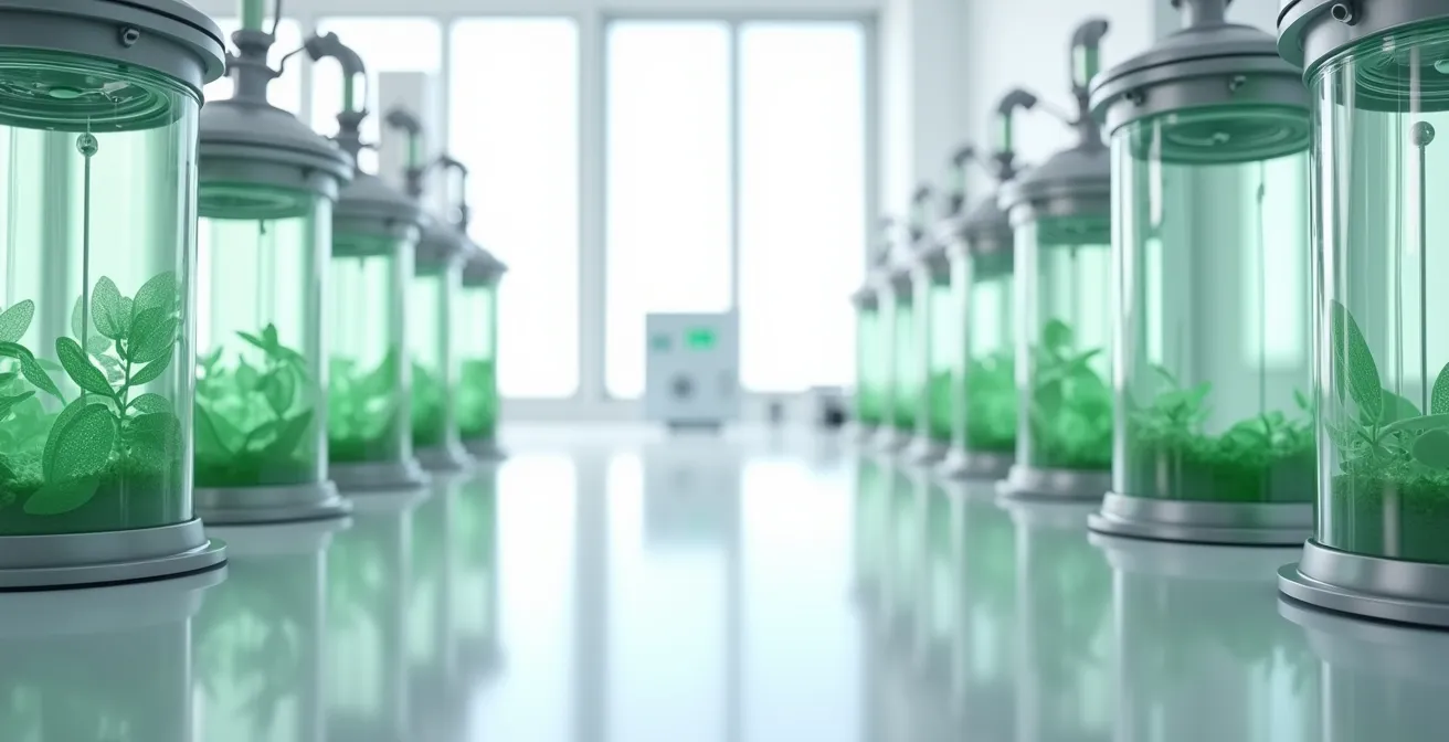 Environnement contrôlé d'un bioréacteur montrant les paramètres critiques pour la survie enzymatique