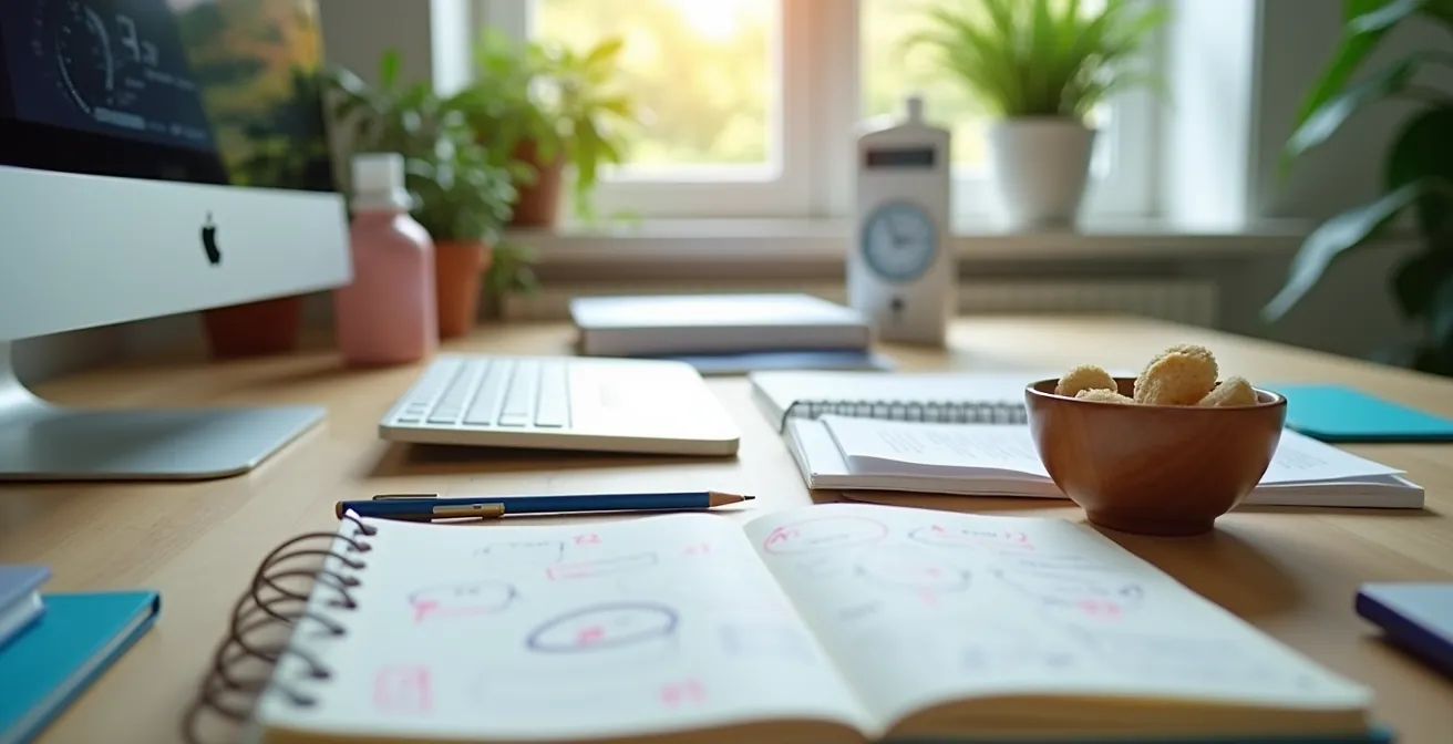 Bureau d'étude organisé avec système de gestion du temps visible