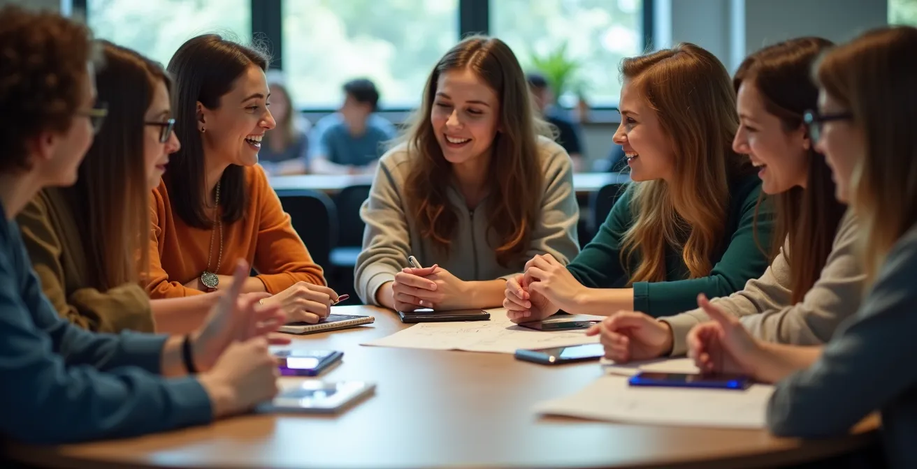 Groupe d'étudiants collaborant de manière créative autour d'une table avec smartphones et cahiers
