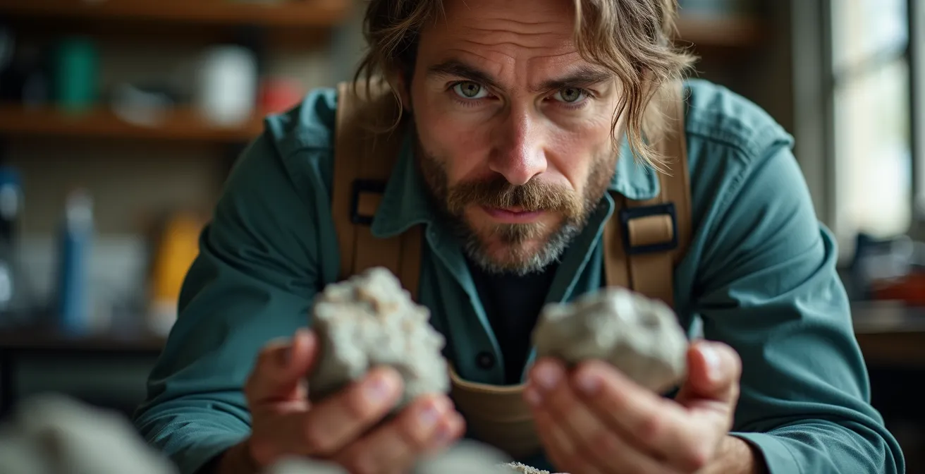 Portrait rapproché d'un géologue examinant des échantillons rocheux avec concentration