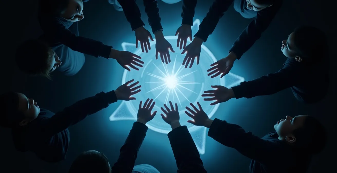 Groupe d'étudiants collaborant autour d'une projection holographique anatomique dans un espace d'apprentissage futuriste