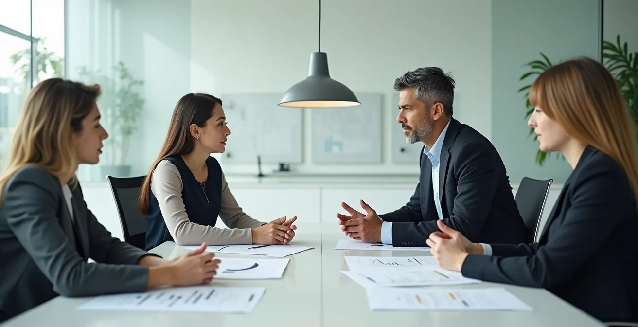 Stagiaire et manager en discussion stratégique dans un bureau moderne