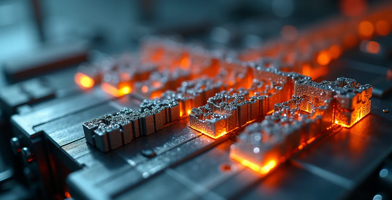 Gros plan macro sur un micro-réacteur montrant les canaux de flux miniaturisés et l'intensification du transfert de chaleur