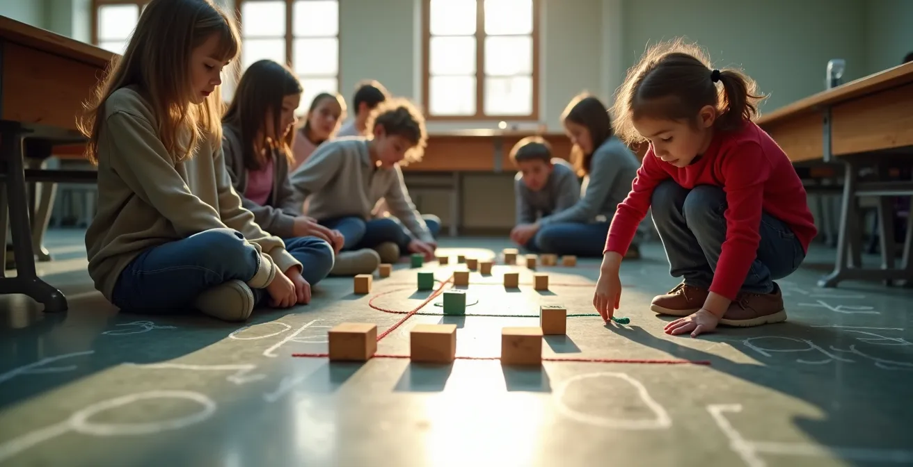 Élèves collaborant autour d'indices visuels pour résoudre une énigme mathématique