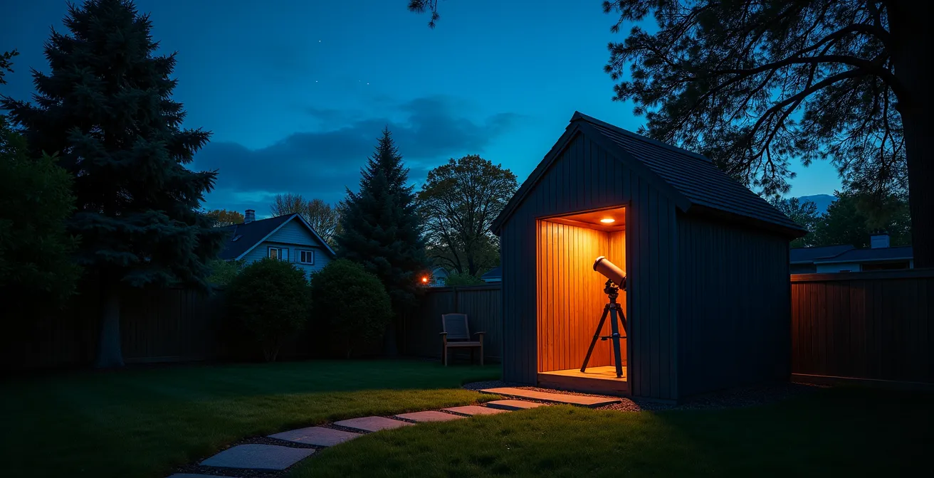 Installation d'un observatoire amateur avec abri roll-off dans un jardin