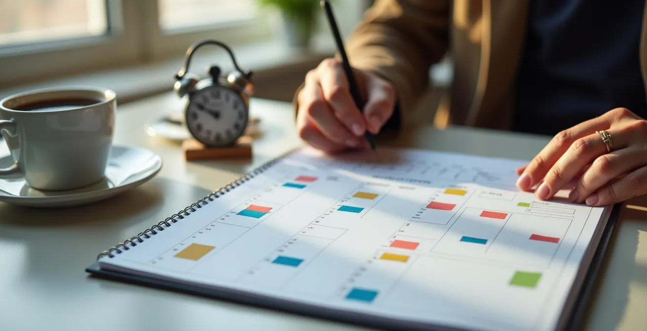 Bureau organisé avec agenda, chronomètre et espace d'étude structuré pour suivre un MOOC