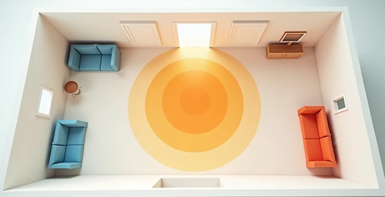 Plan architectural d'une maison montrant l'emplacement stratégique de la box Wi-Fi dans le couloir