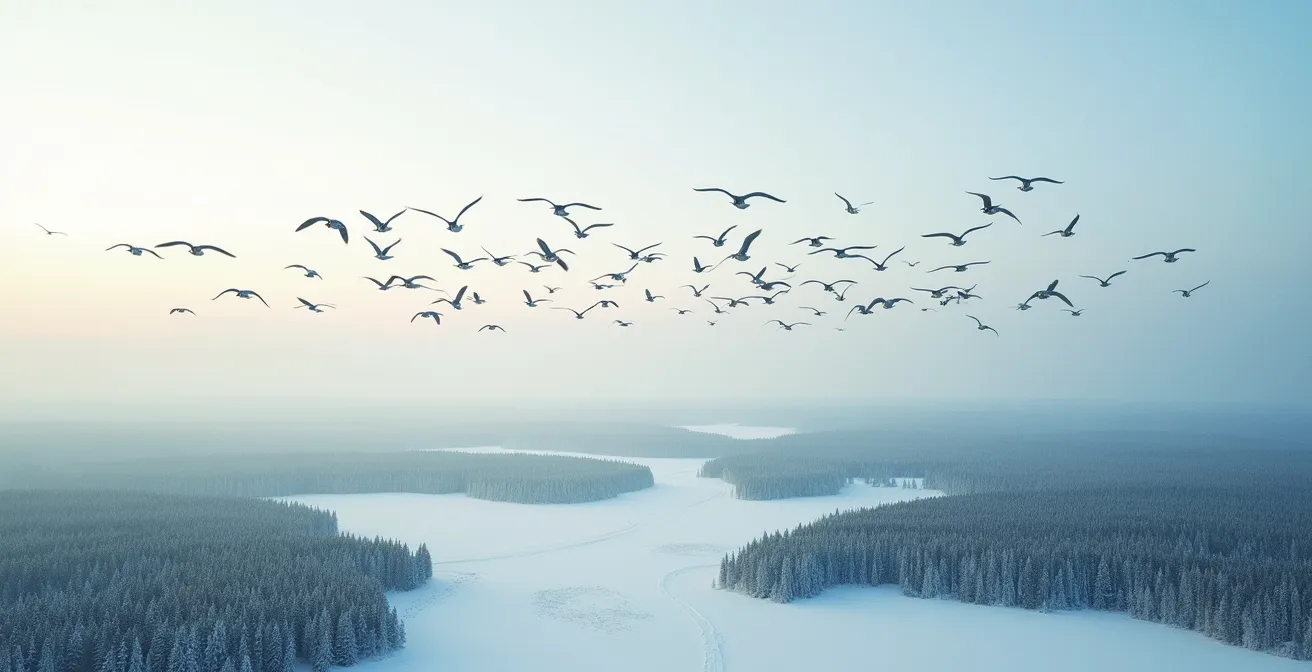 Vue aérienne d'oiseaux migrateurs suivant des lignes de champ magnétique invisibles