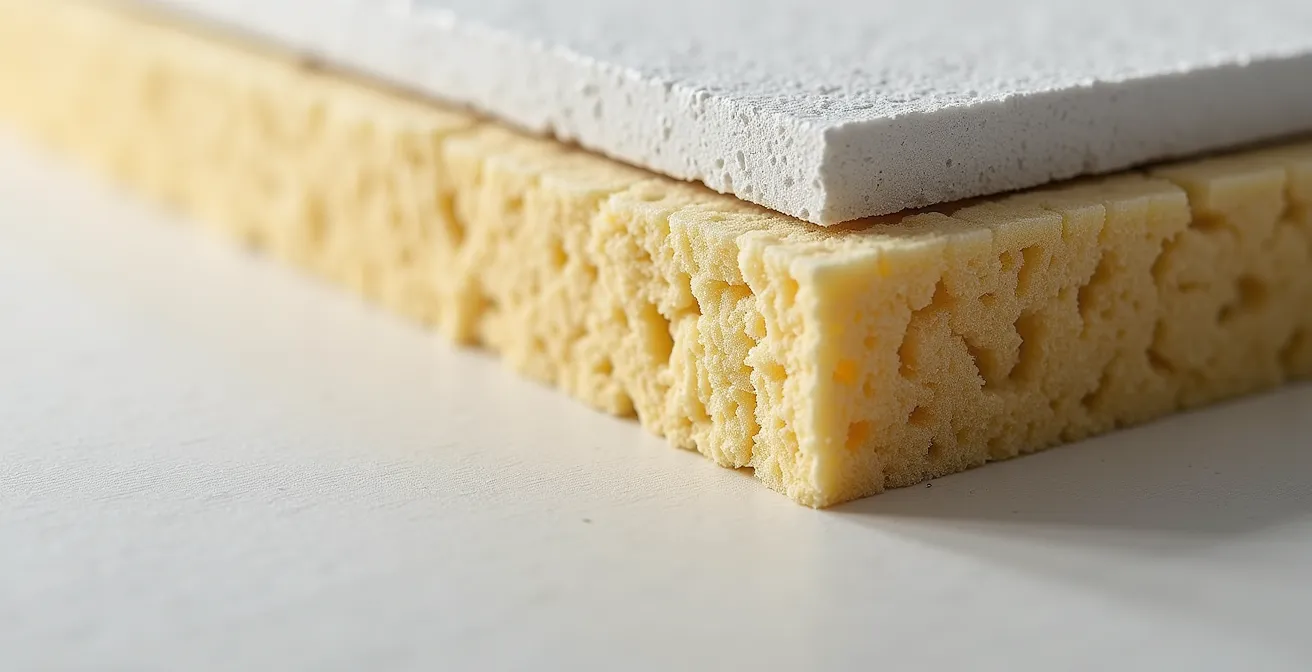 Vue en coupe d'un mur avec système d'isolation acoustique montrant les différentes couches de matériaux