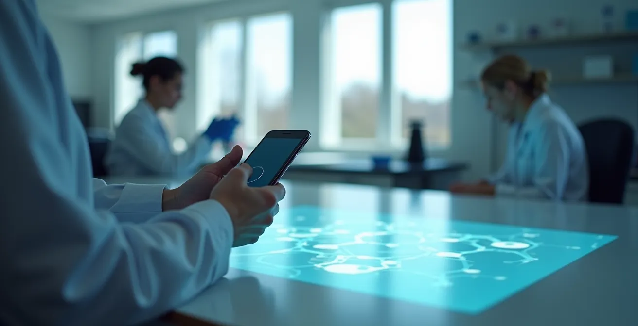Personne utilisant un smartphone pour projeter un modèle moléculaire 3D sur une table de laboratoire