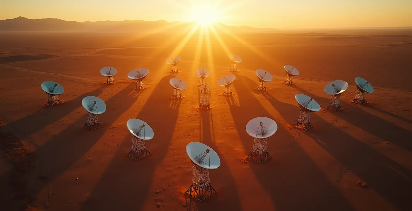 Vue aérienne d'un réseau d'antennes paraboliques alignées avec représentation visuelle de la synchronisation temporelle