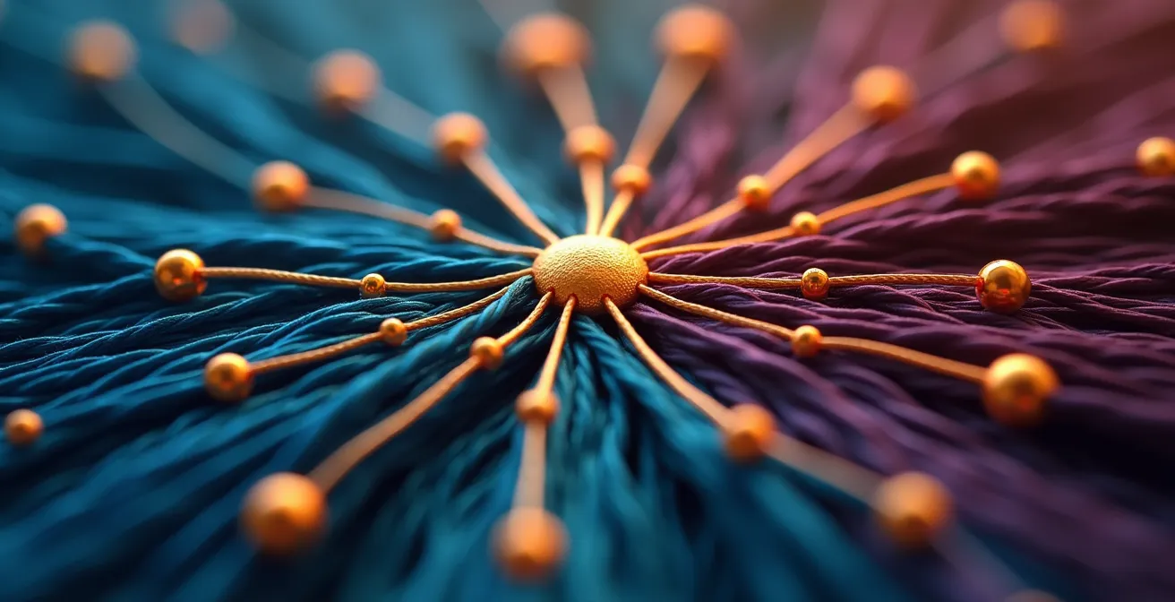 Vue macro de fils colorés interconnectés formant un réseau complexe