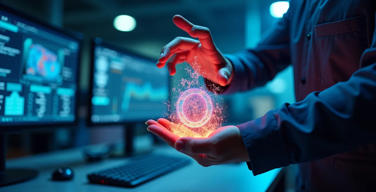 Écran de simulation 3D montrant l'analyse thermique d'un composant industriel