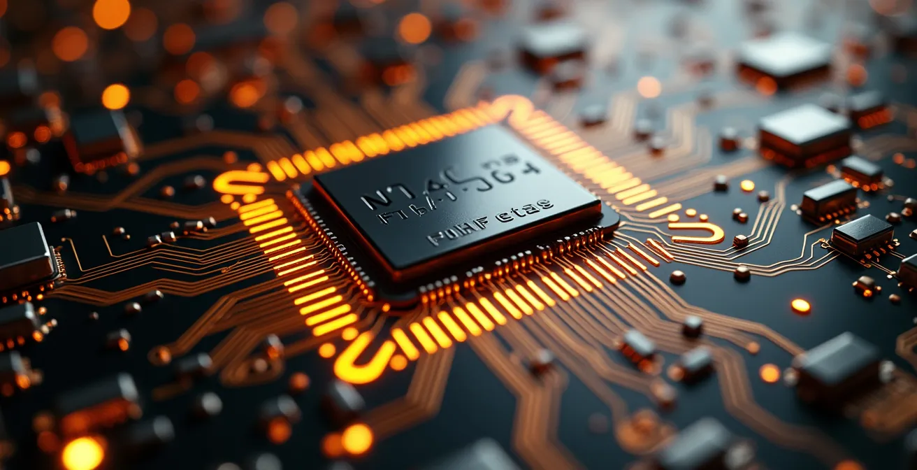 Vue rapprochée des circuits électroniques et processeurs d'une sonde spatiale