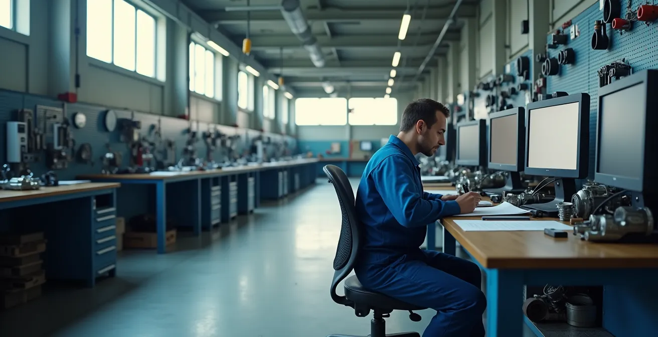 Technicien supérieur documentant méticuleusement une intervention sur un équipement industriel avec tablette numérique