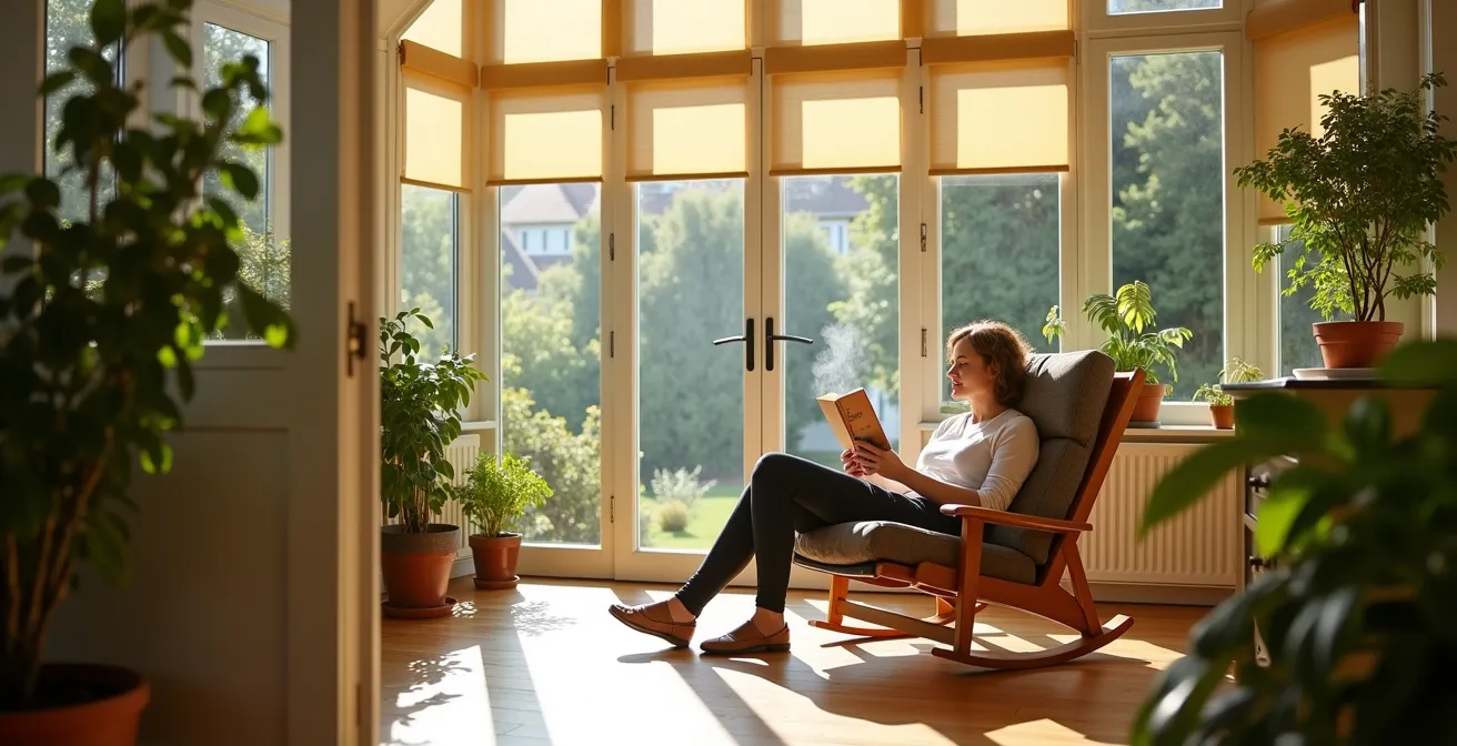 Véranda moderne orientée plein sud avec système de protection solaire intelligent