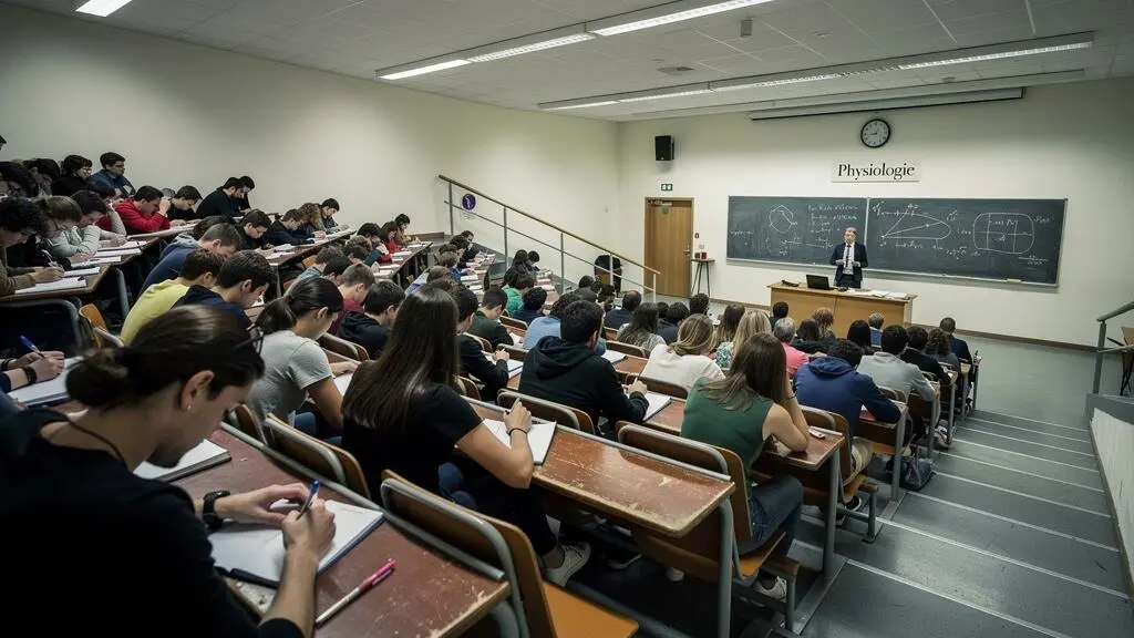 Grand amphithéâtre universitaire rempli de centaines d'étudiants suivant un cours magistral, l'enseignant visible au loin au tableau