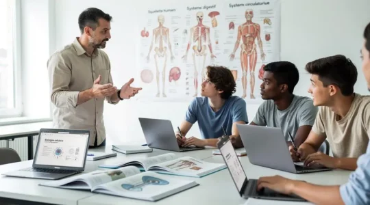 Enseignant de prépa médecine expliquant un concept à un petit groupe de quatre étudiants rassemblés autour d'une table de travail dans une salle de classe à taille réduite