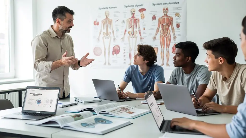 Enseignant de prépa médecine expliquant un concept à un petit groupe de quatre étudiants rassemblés autour d'une table de travail dans une salle de classe à taille réduite
