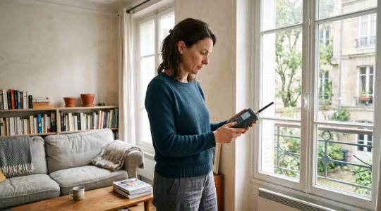 Une femme mesure les ondes électromagnétiques d'un salon à l'aide d'un appareil de mesure portatif près d'une fenêtre.
