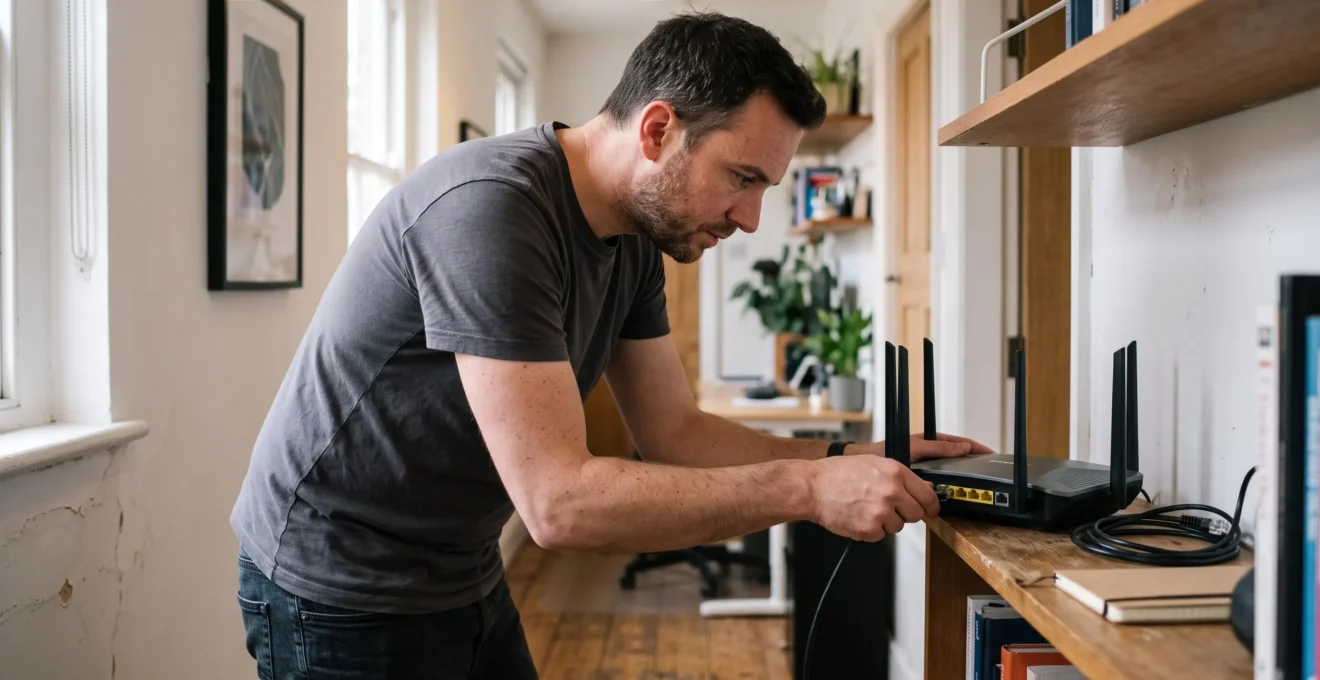 Un homme branche un câble Ethernet à l'arrière d'une box Wi-Fi posée sur une étagère dans un couloir.