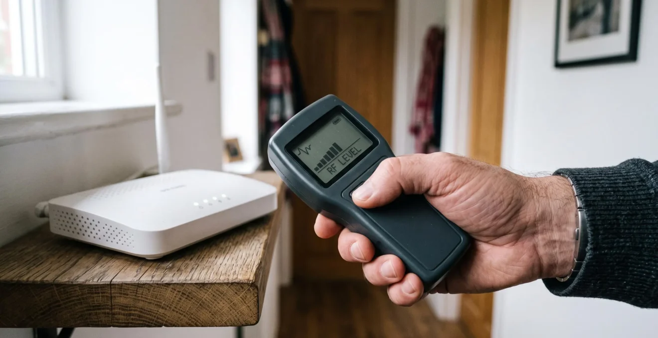Gros plan sur une main tenant un appareil de mesure d'ondes devant une box Wi-Fi posée sur une étagère.